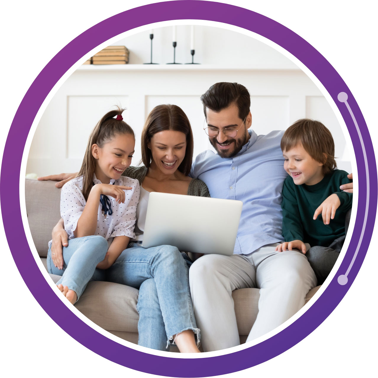 There's a family on a couch smiling as they have a video call with their relatives from another state. There's a purple circle around the image.
