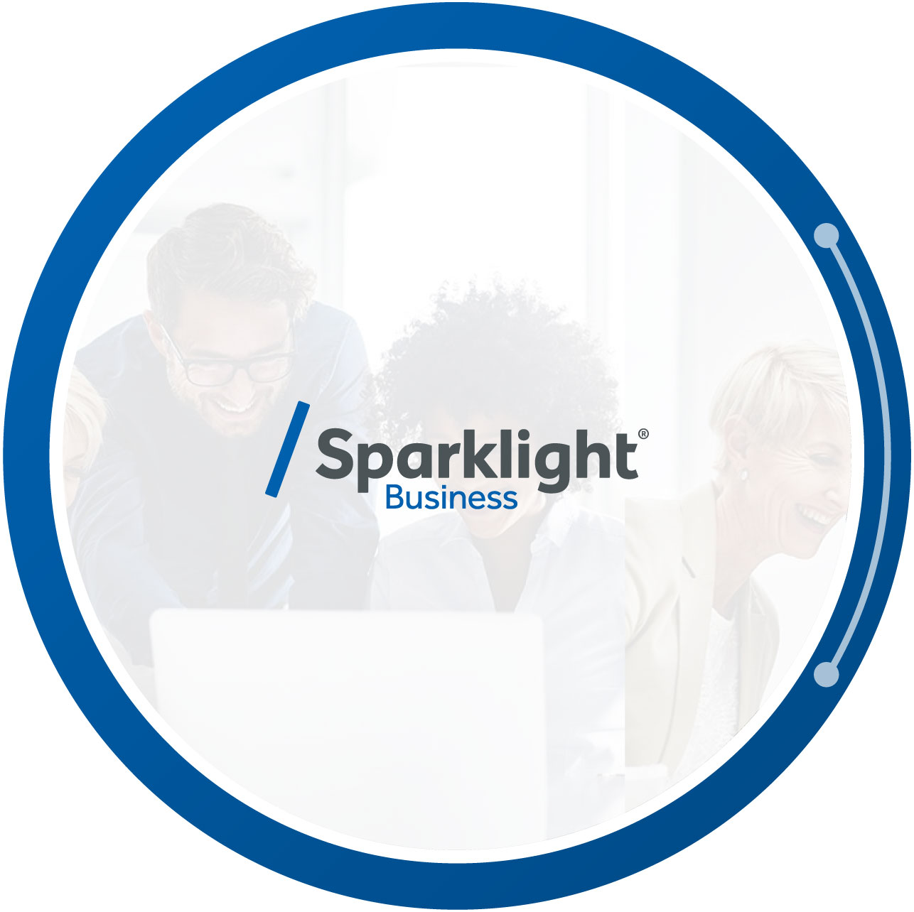 Sparklight business logo with an image in the background of a team working together, smiling, and reviewing information on a laptop