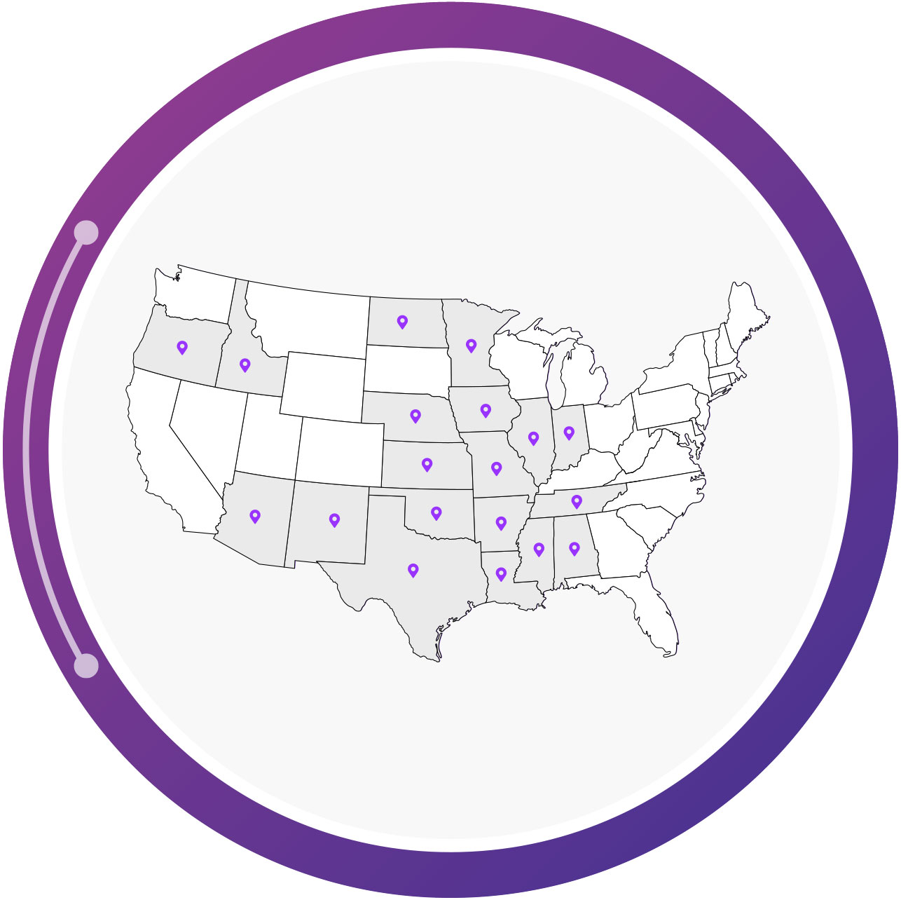 Inside a purple circle there is a map of the US with location pins on the states we service (Alabama, Arizona, Arkansas, Idaho, Illinois, Indiana, Iowa, Kansas, Louisiana, Minnesota, Mississippi, Missouri, Nebraska, New Mexico, North Dakota, Oklahoma, Oregon, Tennessee, and Texas).