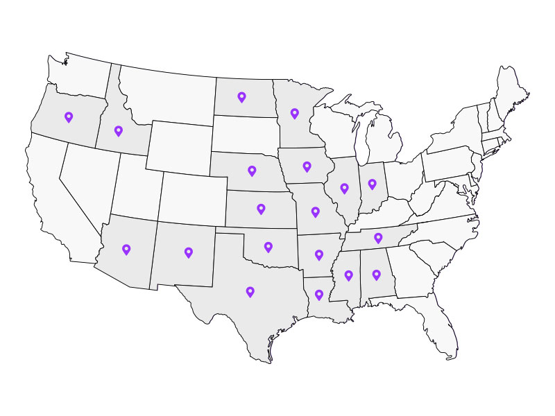 Inside a purple circle there is a map of the US with location pins on the states we service (Alabama, Arizona, Arkansas, Idaho, Illinois, Indiana, Iowa, Kansas, Louisiana, Minnesota, Mississippi, Missouri, Nebraska, New Mexico, North Dakota, Oklahoma, Oregon, Tennessee, and Texas).