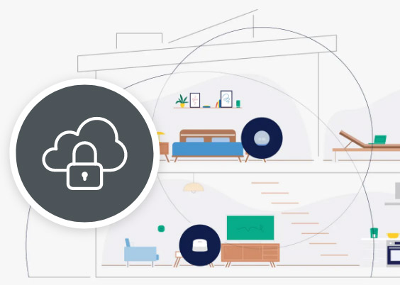 An animation of a home with WiFi service around the house and a cloud with a lock representing online security