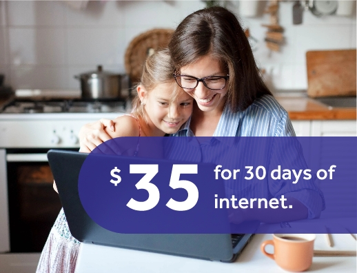 banner on image reads $35 for 30 days of internet - image is of a mother and daughter making a video call to grandma